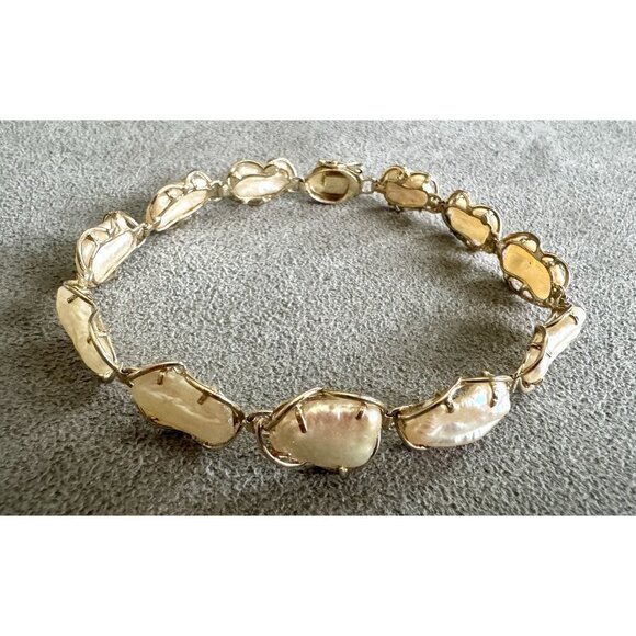 Vintage BAROQUE PEARL SET - Earrings Pendant Bracelet in 14K GOLD Luminous Keshi - Picture 5 of 11